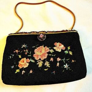 Vtg Walborg France Point de Beauvais Hand Beaded Floral Bag Set EXCELLENT